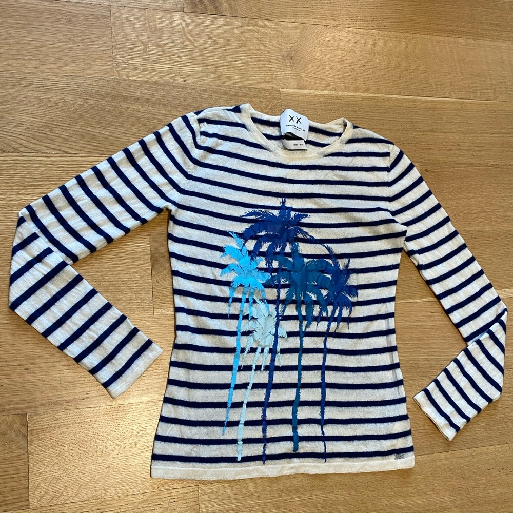 banjo and matilda 100% cashmere crewneck sweater large blue palm trees stripes
